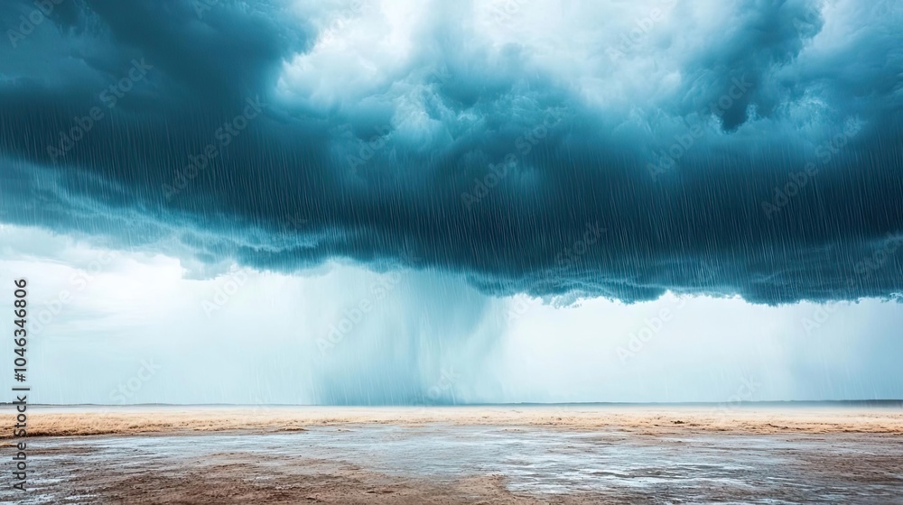 Poster dark clouds over a vast landscape with hints of rainfall in the distance.