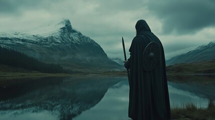 Mysterious Figure with Sword and Shield in Snowy Mountains Landscape