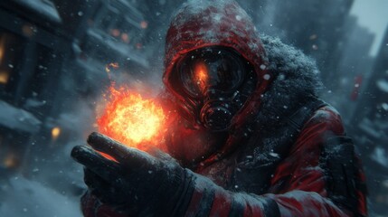 Fototapeta premium Post Apocalyptic Survivor Holding Fire in Snowy Cityscape