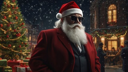 Old man with a long white beard wearing a red business suit and Christmas hat, ideal for santa or businessman themed holiday concepts.