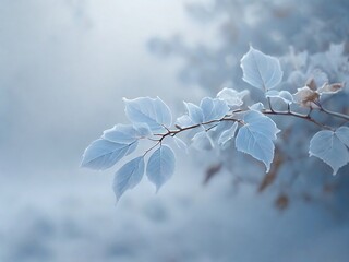 Beautiful pale blue tree branch on a misty background, capturing the serene Christmas winter season. Perfect for winter-themed designs and holiday banners.