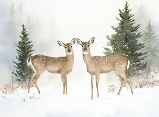 Fototapeta premium Watercolor Painting of Deer in Snowy Landscape with Evergreen Trees Generative AI
