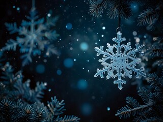Beautiful snowflake hanging on a tree with copy space, perfect for Christmas winter holiday wishing banners and festive greetings.
