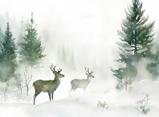 Watercolor Painting of Deer in Snowy Pine Forest Landscape Generative AI
