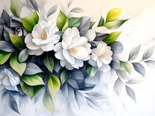 Obraz premium White Camellia Flowers with Green Leaves.