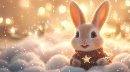 A cute rabbit sitting in a snowy environment, wearing a cozy sweater with a star. The background is filled with soft lights, creating a magical and whimsical atmosphere.