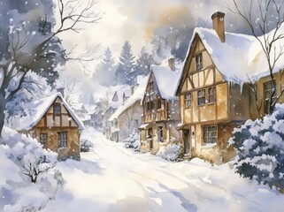 Fototapeta premium Watercolor Painting of a Snowy European Village for Winter Travel or Holiday Card Generative AI