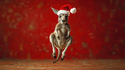 A joyful kangaroo wearing a festive Santa hat, mid-leap against a vibrant red background, capturing the spirit of the holiday season.