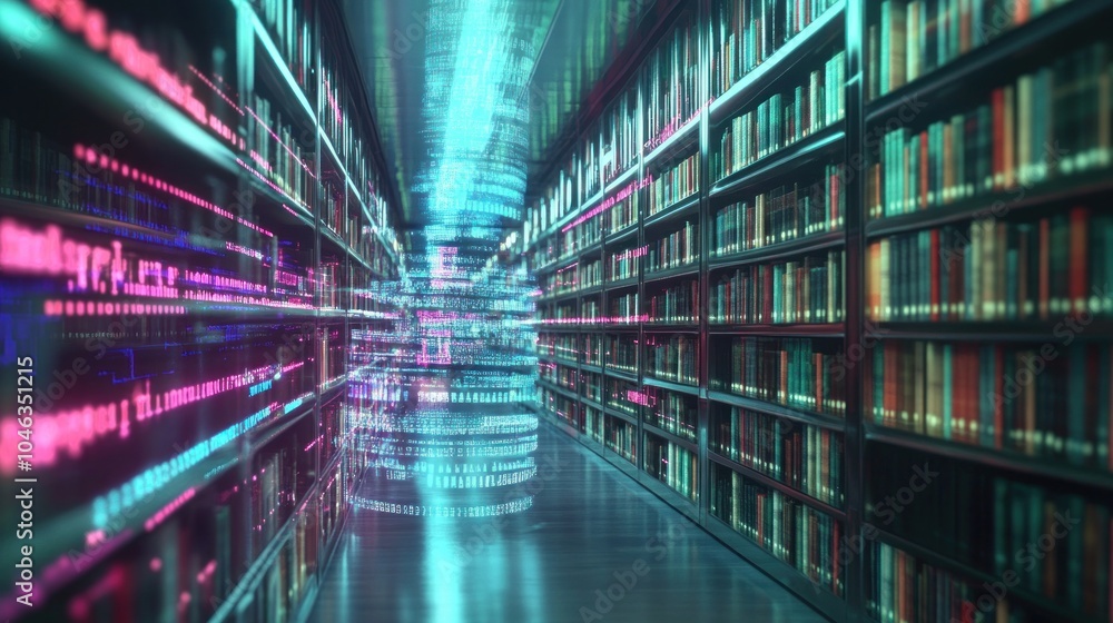 Poster a computerized library with many books on the shelves. the books are in different colors and sizes