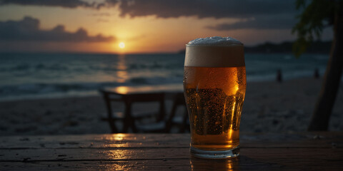 A frosty glass of beer sits on a wooden table overlooking a beautiful beach at sunset, creating a serene and relaxing atmosphere.