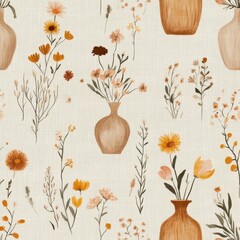 Vintage tapestry floral bouquet in vases pattern on vintage beige fabric background, seamless repeating pattern, textile print style, minimal, tapestry design, seamless floral bouquet in vases pattern