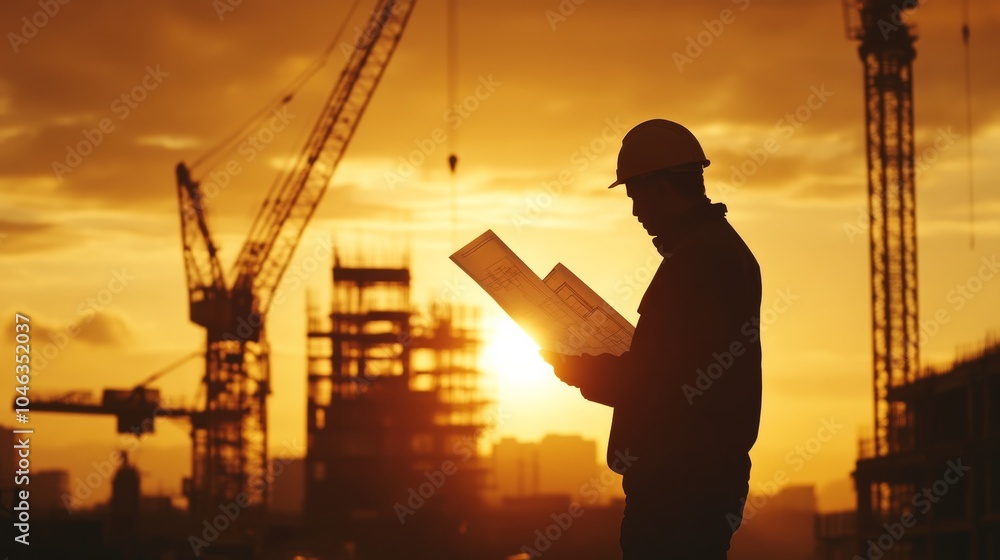 Poster silhouette of a construction engineer studying a blueprint with cranes and construction equipment in