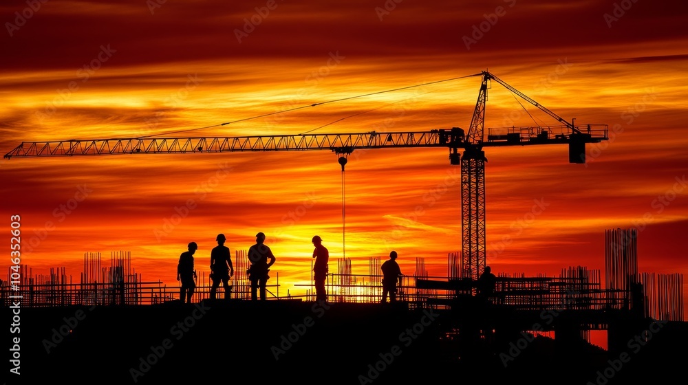 Poster silhouette of a construction site with cranes and workers against a vibrant sunrise in the backgroun