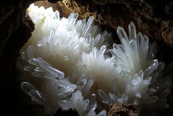 Quartz Crystal Clusters in a Cave Dense clusters of clear quartz