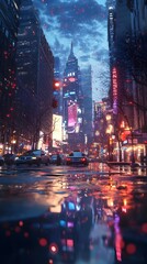 Captivating Nighttime Cityscape with Dazzling Lights and Reflective Puddles
