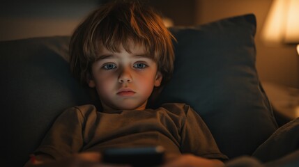 Fototapeta premium A child buzzed by the cell phone, sad face