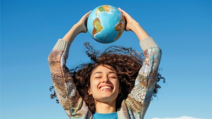 A smiling woman holding a globe in her hands, celebrating International Day of Peace, with a clear blue sky in the background 