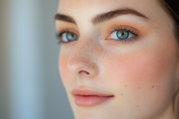 Obraz premium Close-up Portrait of a Woman with Freckles and Blue Eyes