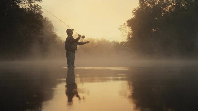 Young fly fisherman casting on a foggy river at sunrise