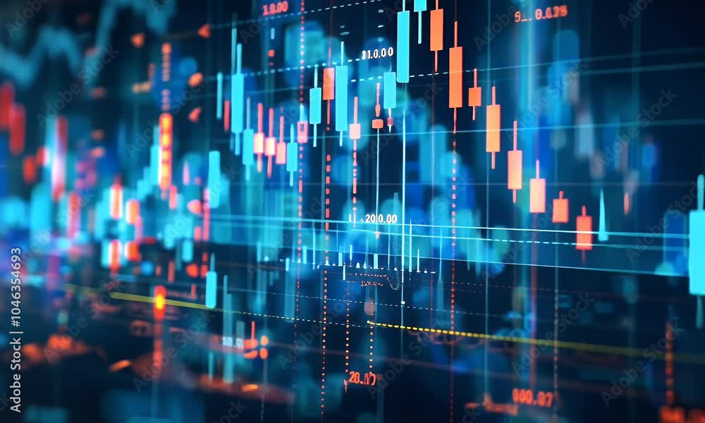 Poster a stock market chart with candlestick lines and numbers, with a dark blue gradient background and bo