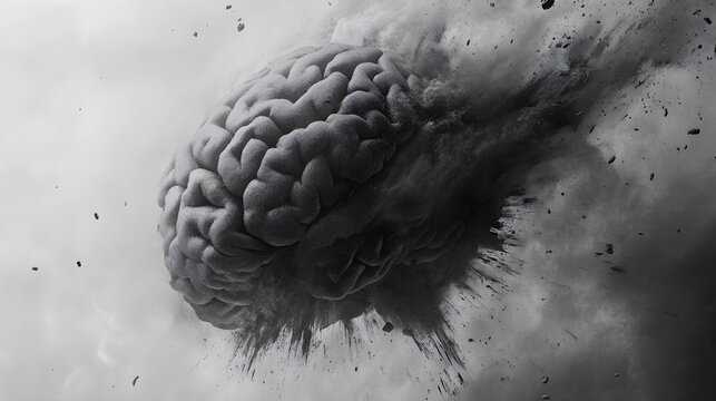 Cerebral cortex disintegrating into ash, surrealism, muted grayscale tones, digital sketch, brain cells collapsing into void, signifying loss of memory