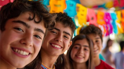A group of teenagers with happy faces, celebrating International Day of Friendship, with colorful decorations in the background
