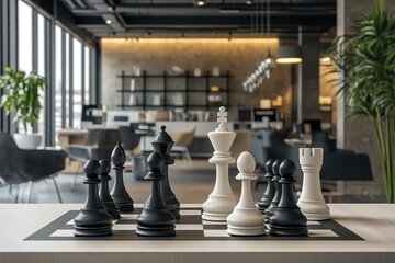 A minimalist chessboard design with monochrome pieces, arranged in a modern office space. The contrast of the black and white pieces creates a visually striking image of simplicity and elegance.