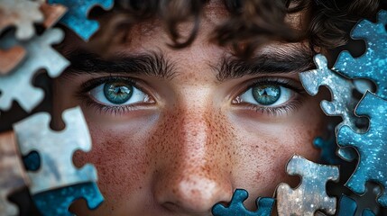 Close-up of a young man with intense eyes, surrounded by fragmented puzzle pieces, symbolizing the intricate struggle with identity and mental health