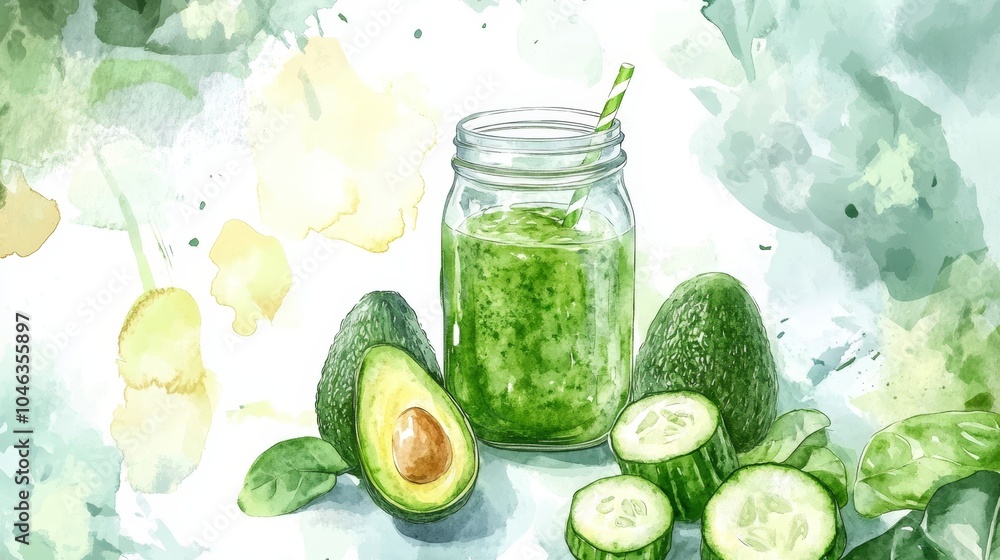 Poster fresh green smoothie with avocado and cucumber in a mason jar generative ai