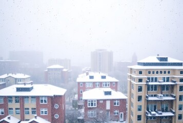 _ . Snowfall and Cityscape A window showing a cityscape with sno