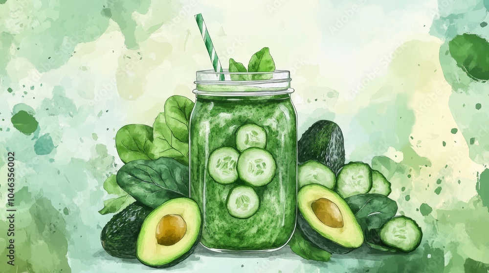 Poster fresh green smoothie with avocado and cucumber in a mason jar generative ai