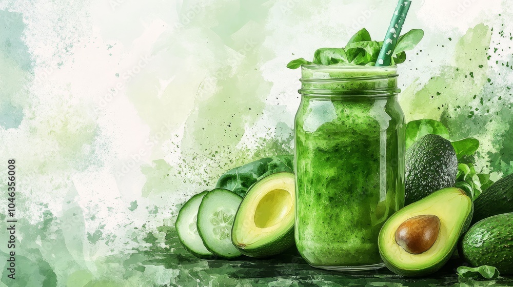 Poster fresh green smoothie with avocado and cucumber in a mason jar generative ai