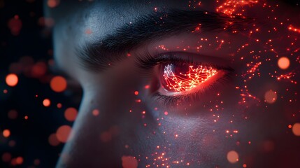 Close-up of man's face with red glowing neurons, sci-fi aura, digital particles floating, deep shadows, holographic effect, futuristic, red glow, neon lights, high detail