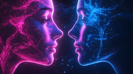 Naklejka premium Close-up of two faces, connected by neon brainwaves, vibrant electric energy pulses, abstract holographic background, glowing in neon purple and blue, Psychedelic, Neon Illustration