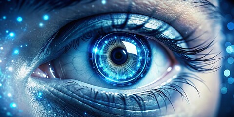 Cybernetic Eye with Blue Digital Enhancements - High Tech Bokeh