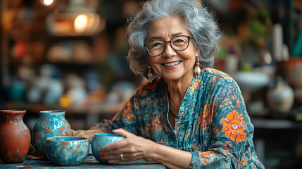 A senior woman artist joyfully teaches her friend how to paint a ceramic cup, embodying creativity, friendship, and lifelong learning