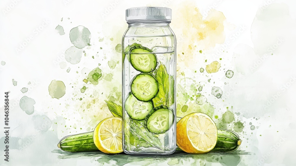 Poster refreshing detox water with cucumber and lemon slices for healthy hydration generative ai