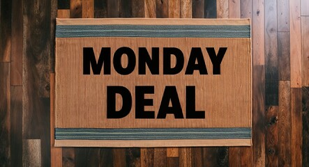 Monday deal text on mat rug in wooden floor background