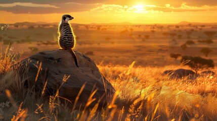 A meerkat stands on a rock during a vibrant sunset in a golden landscape.