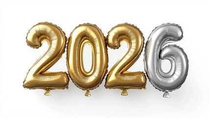 3D digital illustration of numbers "2026" made of gold and silver balloons, white background