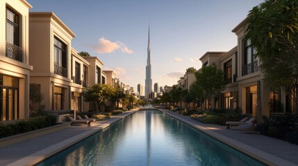 Fototapeta premium A long pool with a city skyline in the background. The pool is surrounded by buildings. The buildings are tall and white