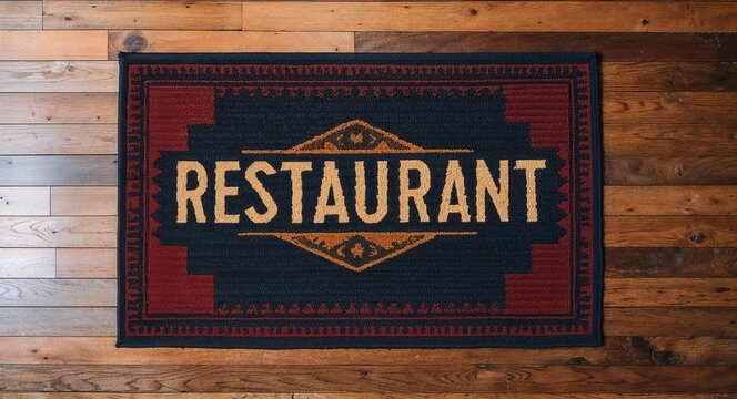 restaurant text on mat rug in wooden floor background