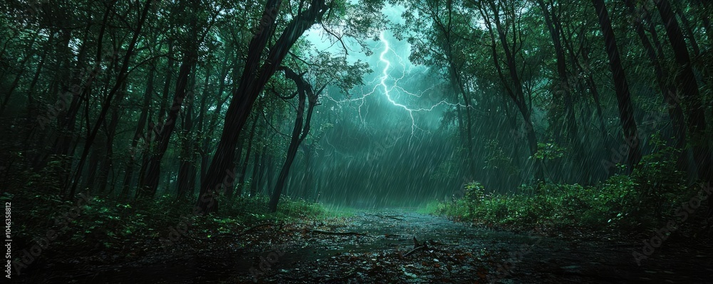 Aufkleber Mysterious forest with dense trees and dramatic lightning in the background.