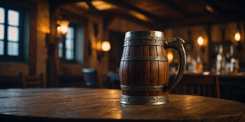 A close-up of a beautifully crafted medieval-style beer mug with intricate details and a wooden handle, resting on a wooden table.