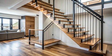 Stylish wooden stairs with handmade black metal railings in apartment