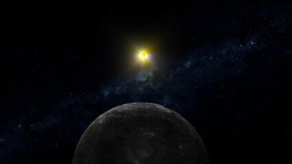 3d realistic Mercury planet with glowing sun