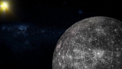 3d realistic Mercury planet glowing sun view space