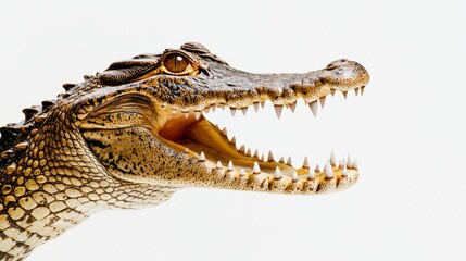 Obraz premium Dramatic close-up of a crocodile's open mouth, the texture of its scales and teeth exaggerated, set against a seamless white background
