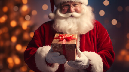 Close-up of Santa Claus holding a Christmas present