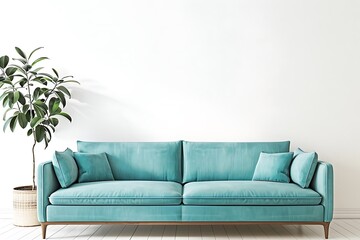 Interior of bright living room with turquoise sofa against blank white wall with copy space